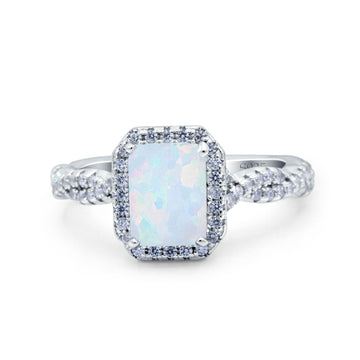 Art Deco Emerald Cut Infinity Wedding Bridal Ring Lab Created White Opal 925 Sterling Silver